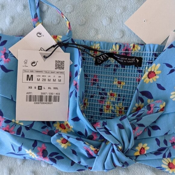 NWT ZARA Blue floral crop top bra smocked back adjustable straps sz Medium - Picture 2 of 8